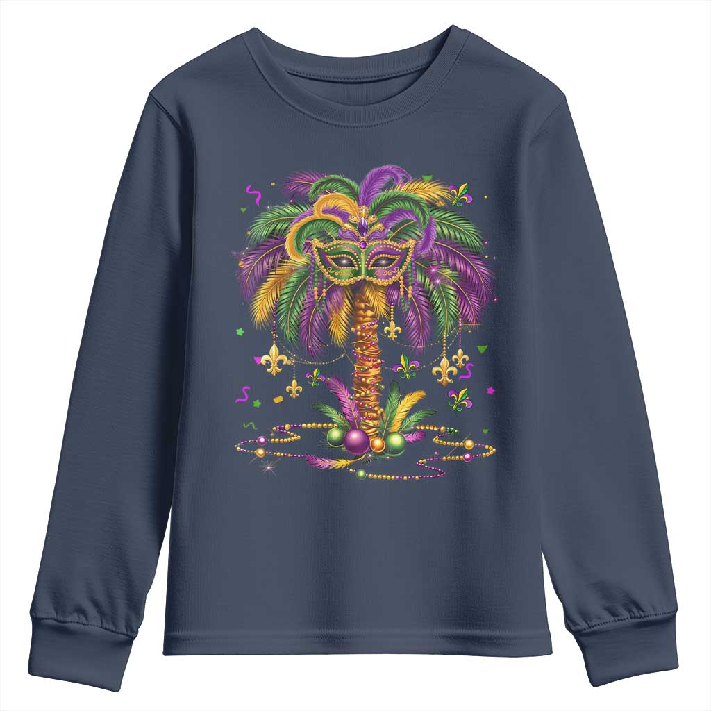 Mardi Gras Bead Tree Youth Sweatshirt Carnival New Orleans Hawaiian Tropical Palm Tree 2025 TS10 Navy Print Your Wear