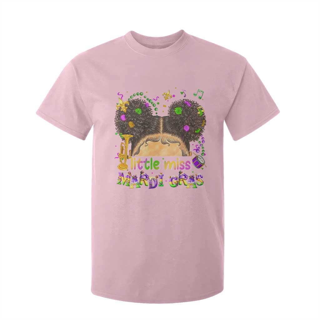 Little Miss Mardi Gras Afro Messy Bun Girls T Shirt For Kid TS10 Light Pink Print Your Wear