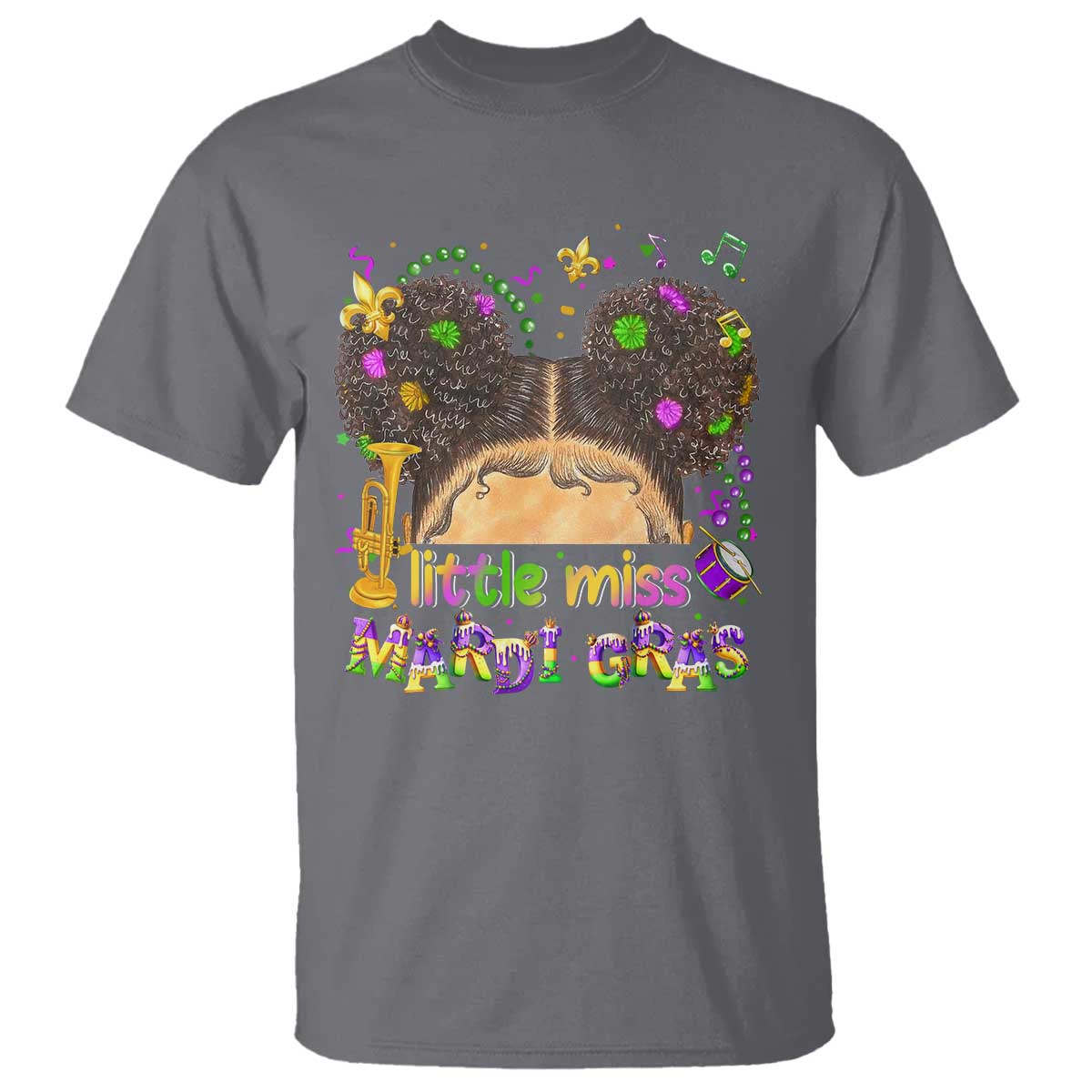 Little Miss Mardi Gras Afro Messy Bun Girls T Shirt TS10 Charcoal Print Your Wear