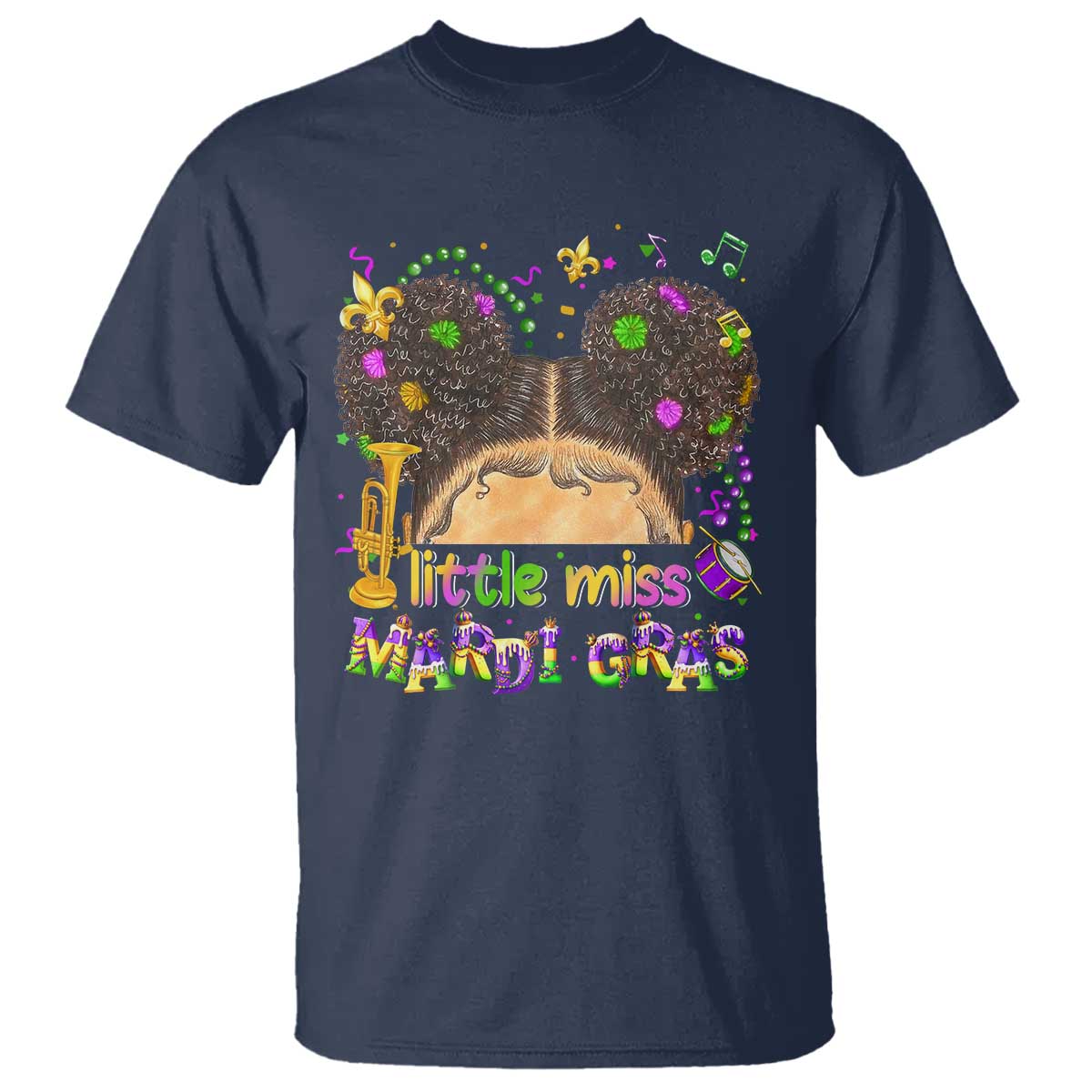 Little Miss Mardi Gras Afro Messy Bun Girls T Shirt TS10 Navy Print Your Wear