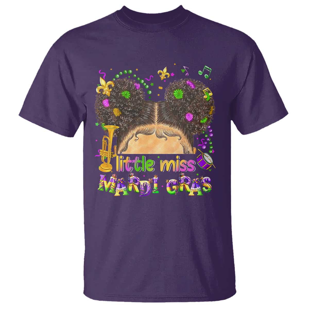 Little Miss Mardi Gras Afro Messy Bun Girls T Shirt TS10 Purple Print Your Wear