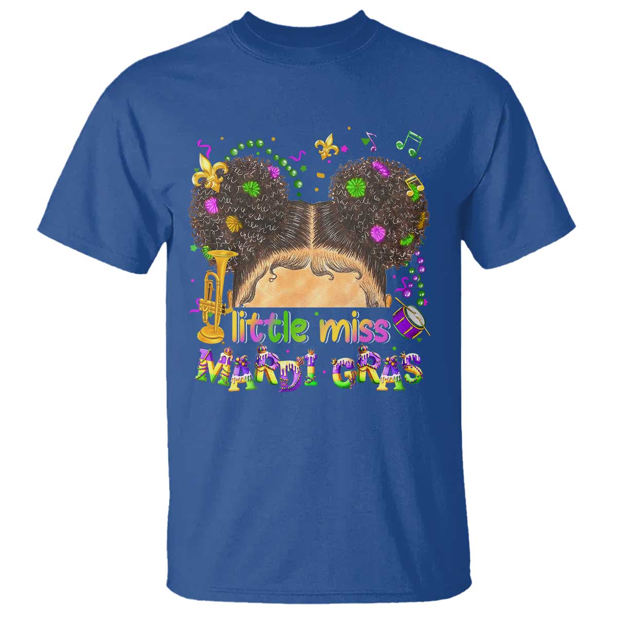 Little Miss Mardi Gras Afro Messy Bun Girls T Shirt TS10 Royal Blue Print Your Wear