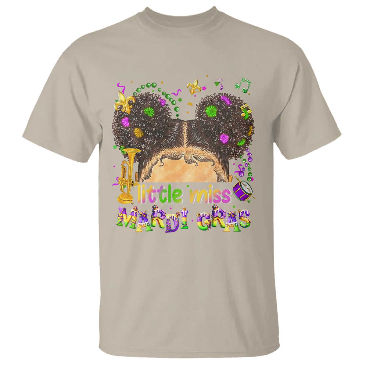 Little Miss Mardi Gras Afro Messy Bun Girls T Shirt TS10 Sand Print Your Wear