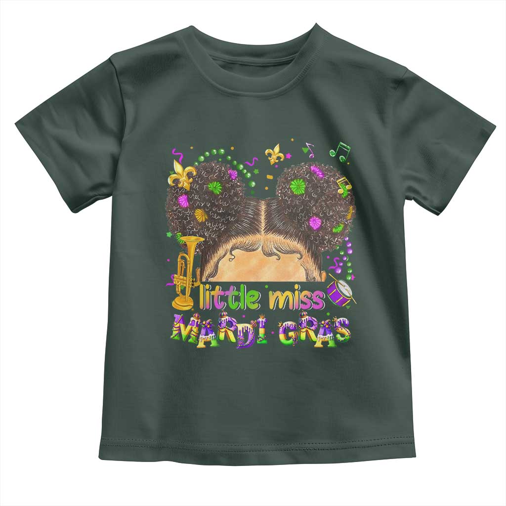 Little Miss Mardi Gras Afro Messy Bun Girls Toddler T Shirt TS10 Dark Forest Green Print Your Wear