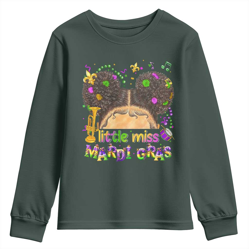 Little Miss Mardi Gras Afro Messy Bun Girls Youth Sweatshirt TS10 Dark Forest Green Print Your Wear