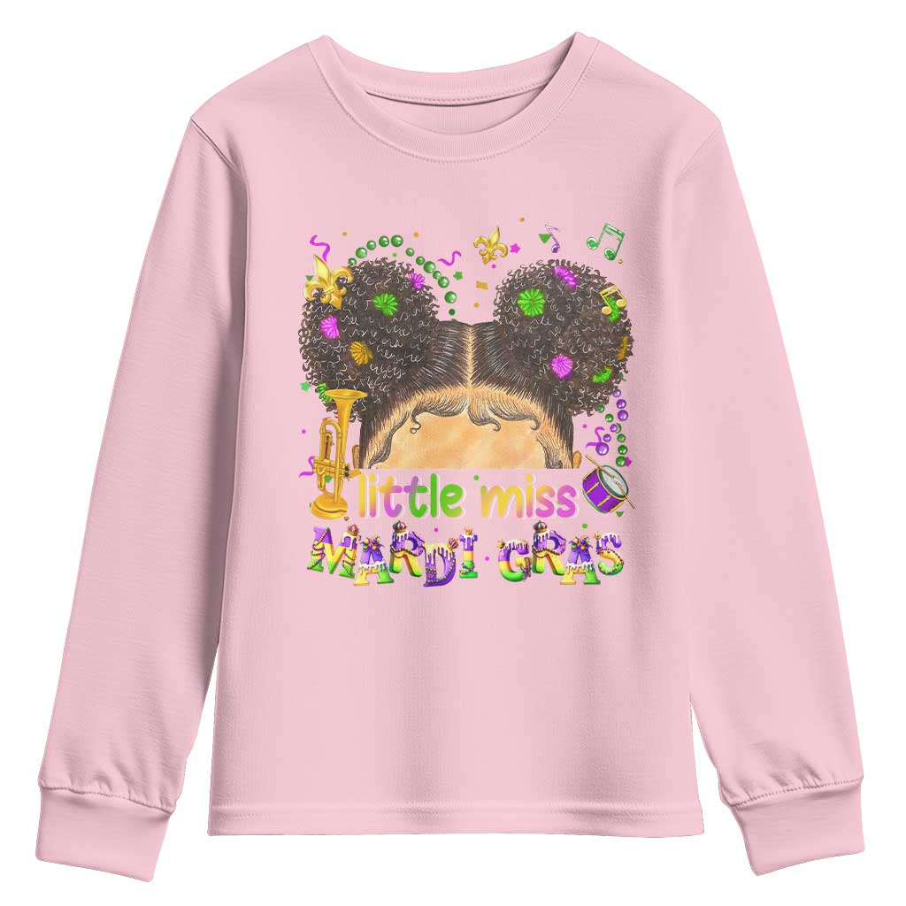 Little Miss Mardi Gras Afro Messy Bun Girls Youth Sweatshirt TS10 Light Pink Print Your Wear