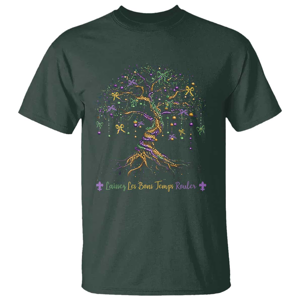Coquette Bow Mardi Gras Bead Tree T Shirt Carnival New Orleans 2025 TS10 Dark Forest Green Print Your Wear