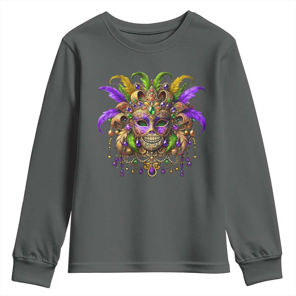 Mardi Gras Costume Sugar Skull Youth Sweatshirt Carnival New Orleans Trip TS10 Dark Heather Print Your Wear