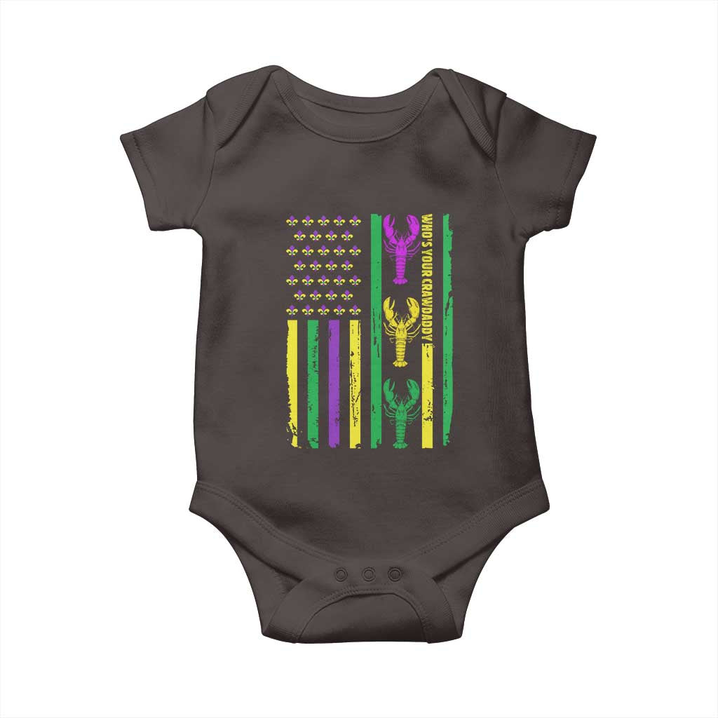 Funny Mardi Gras Crawfish Baby Onesie Whos Your Crawdaddy USA American Flag Carnival TS10 Dark Chocolate Print Your Wear
