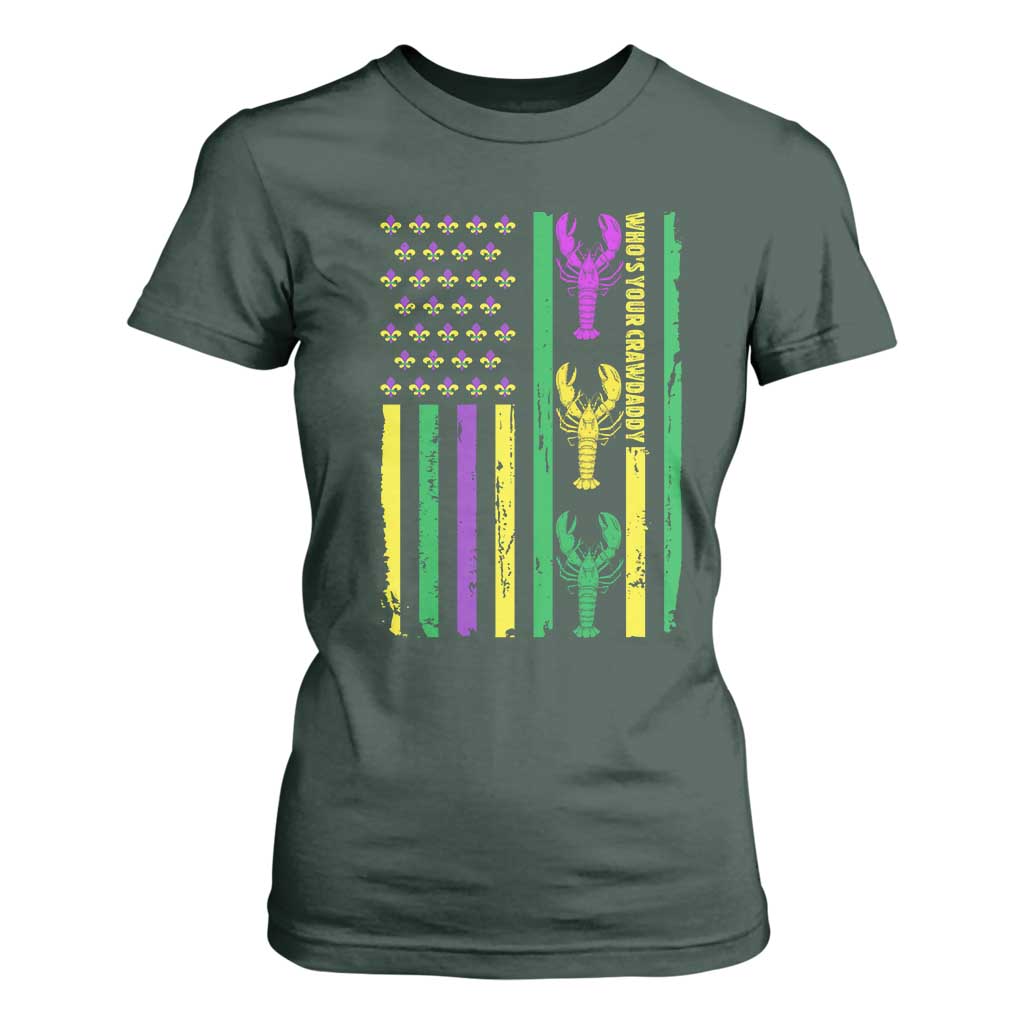 Funny Mardi Gras Crawfish T Shirt For Women Whos Your Crawdaddy USA American Flag Carnival TS10 Dark Forest Green Print Your Wear