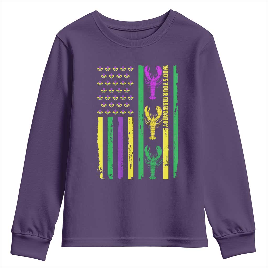 Funny Mardi Gras Crawfish Youth Sweatshirt Whos Your Crawdaddy USA American Flag Carnival TS10 Purple Print Your Wear