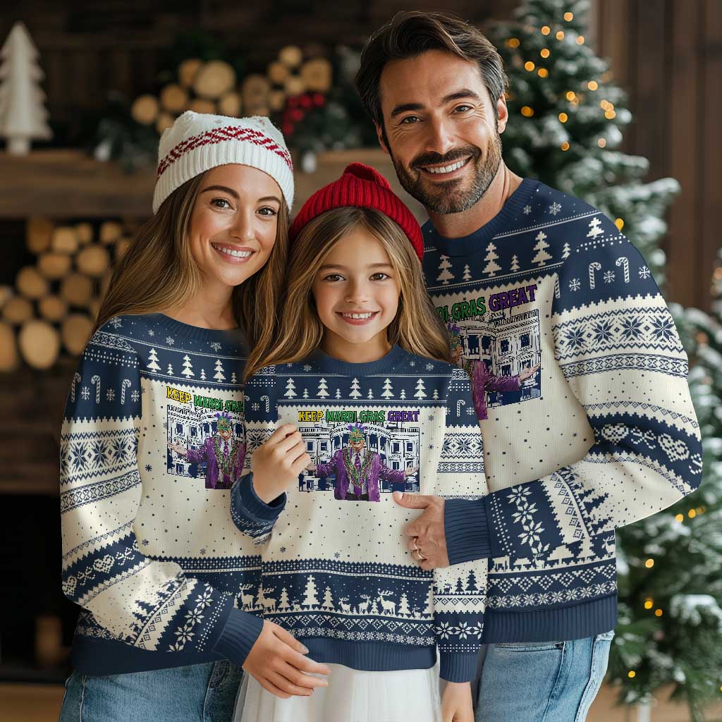 Trump Mardi Gras Ugly Christmas Sweater Carnival New Orleans Trip Parade Outfit TS10 Beige Navy Print Your Wear