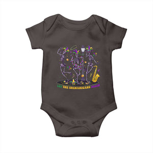 Funny Mardi Gras Baby Onesie Dancing Skeleton Let The Shenanigans Begin TS10 Dark Chocolate Print Your Wear