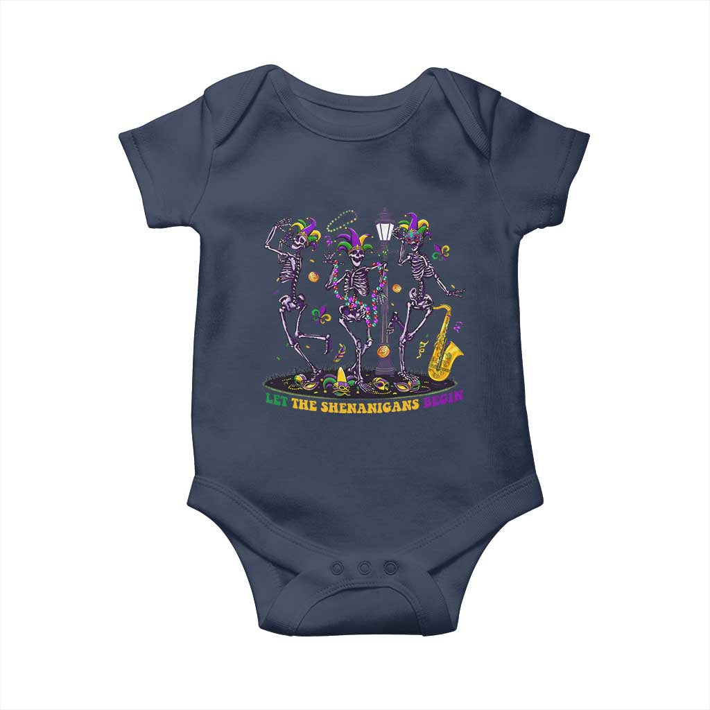 Funny Mardi Gras Baby Onesie Dancing Skeleton Let The Shenanigans Begin TS10 Navy Print Your Wear
