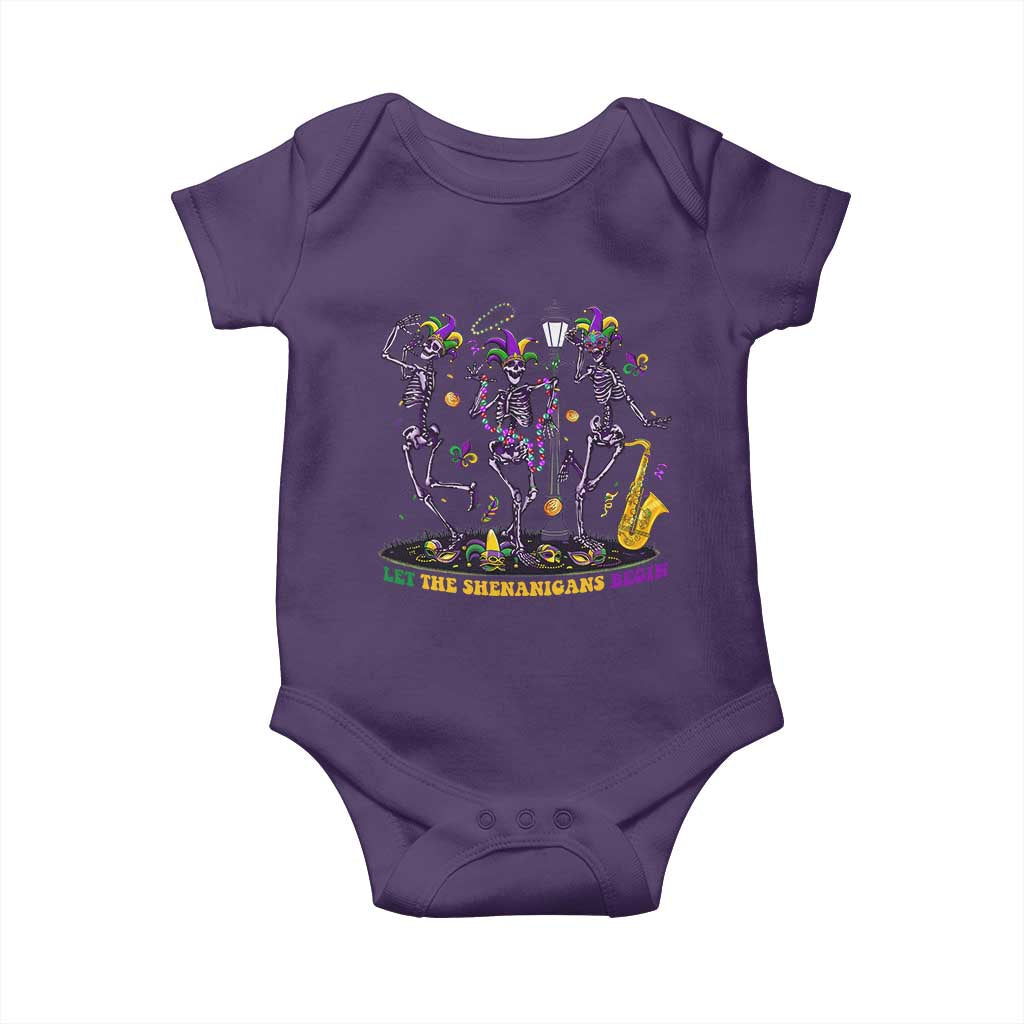 Funny Mardi Gras Baby Onesie Dancing Skeleton Let The Shenanigans Begin TS10 Purple Print Your Wear