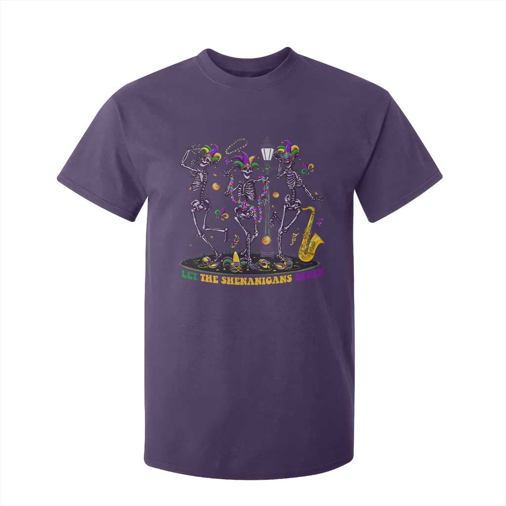 Funny Mardi Gras T Shirt For Kid Dancing Skeleton Let The Shenanigans Begin TS10 Purple Print Your Wear