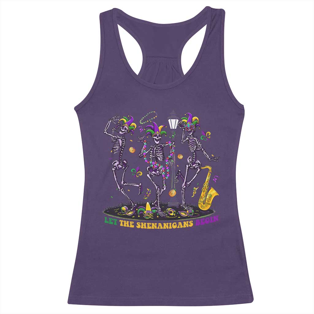 Funny Mardi Gras Racerback Tank Top Dancing Skeleton Let The Shenanigans Begin TS10 Purple Print Your Wear