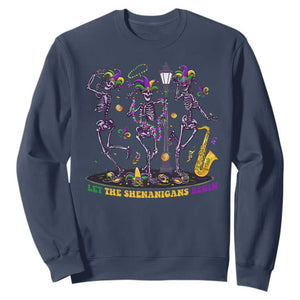 Funny Mardi Gras Sweatshirt Dancing Skeleton Let The Shenanigans Begin TS10 Navy Print Your Wear