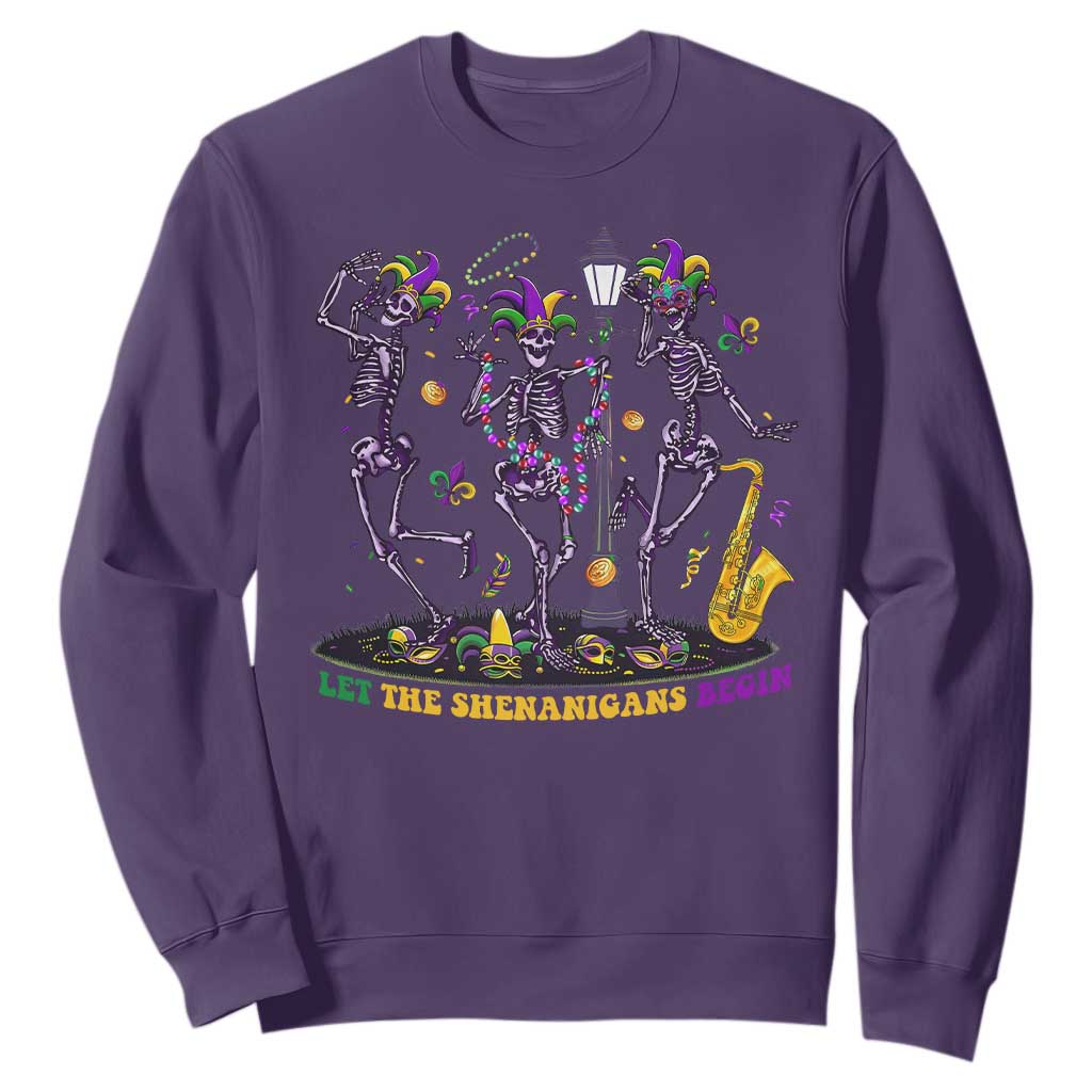 Funny Mardi Gras Sweatshirt Dancing Skeleton Let The Shenanigans Begin TS10 Purple Print Your Wear