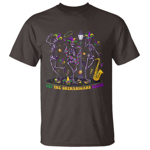 Funny Mardi Gras T Shirt Dancing Skeleton Let The Shenanigans Begin TS10 Dark Chocolate Print Your Wear