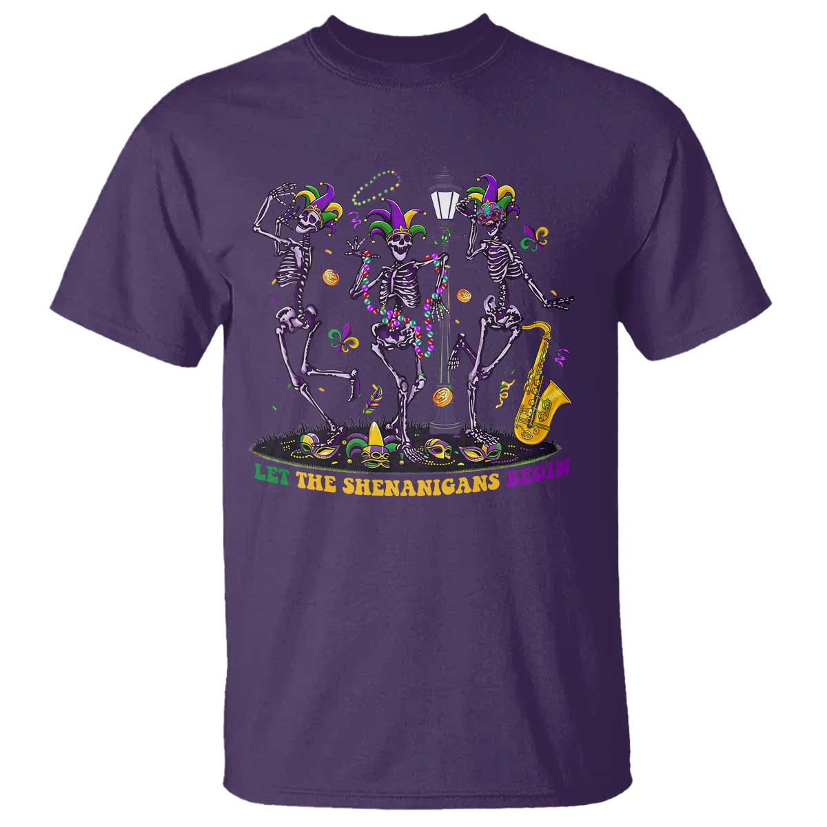 Funny Mardi Gras T Shirt Dancing Skeleton Let The Shenanigans Begin TS10 Purple Print Your Wear