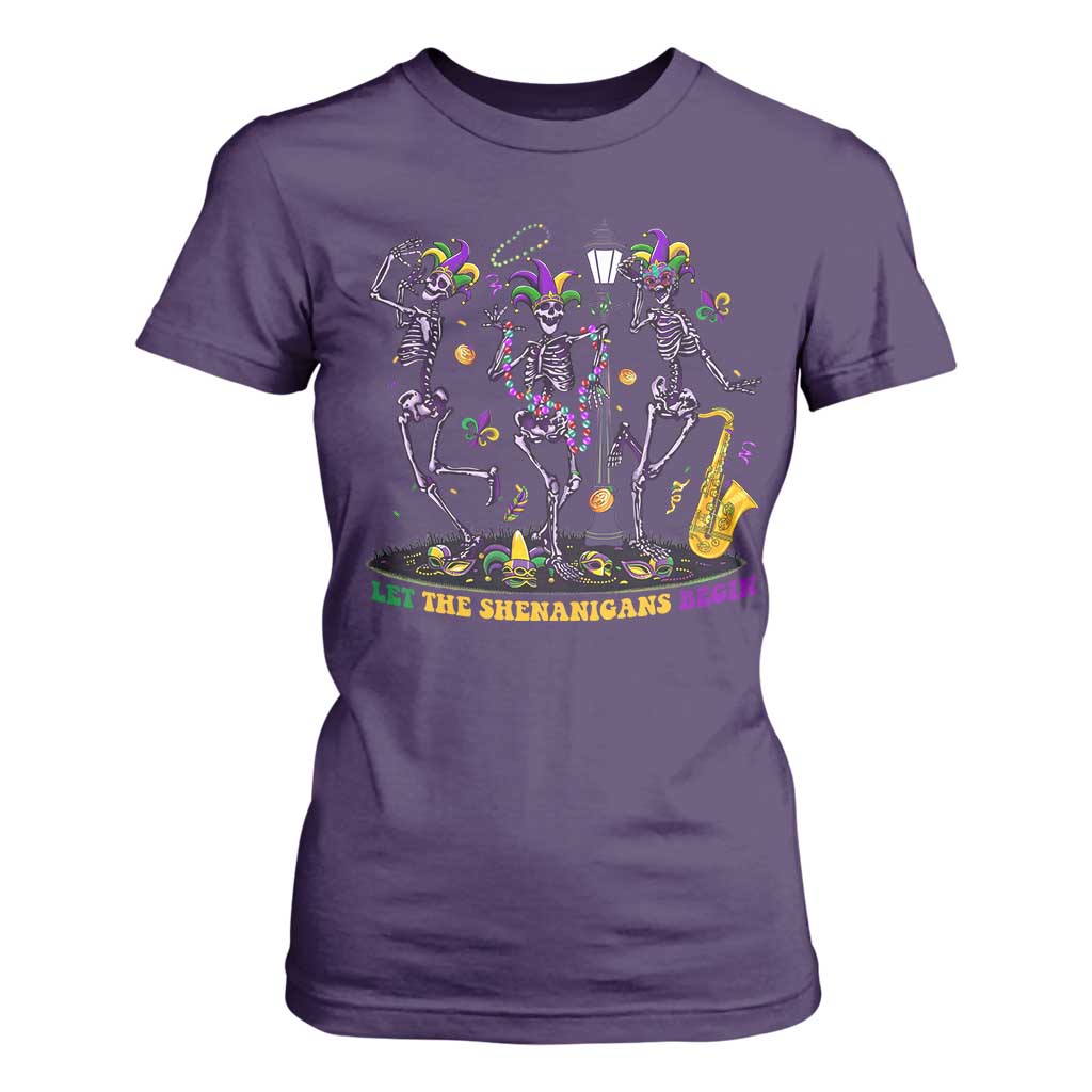 Funny Mardi Gras T Shirt For Women Dancing Skeleton Let The Shenanigans Begin TS10 Purple Print Your Wear