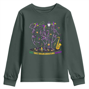 Funny Mardi Gras Youth Sweatshirt Dancing Skeleton Let The Shenanigans Begin TS10 Dark Forest Green Print Your Wear