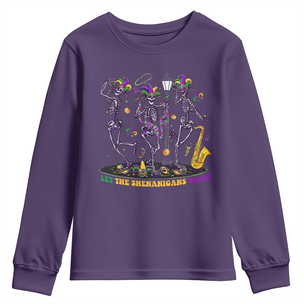 Funny Mardi Gras Youth Sweatshirt Dancing Skeleton Let The Shenanigans Begin TS10 Purple Print Your Wear