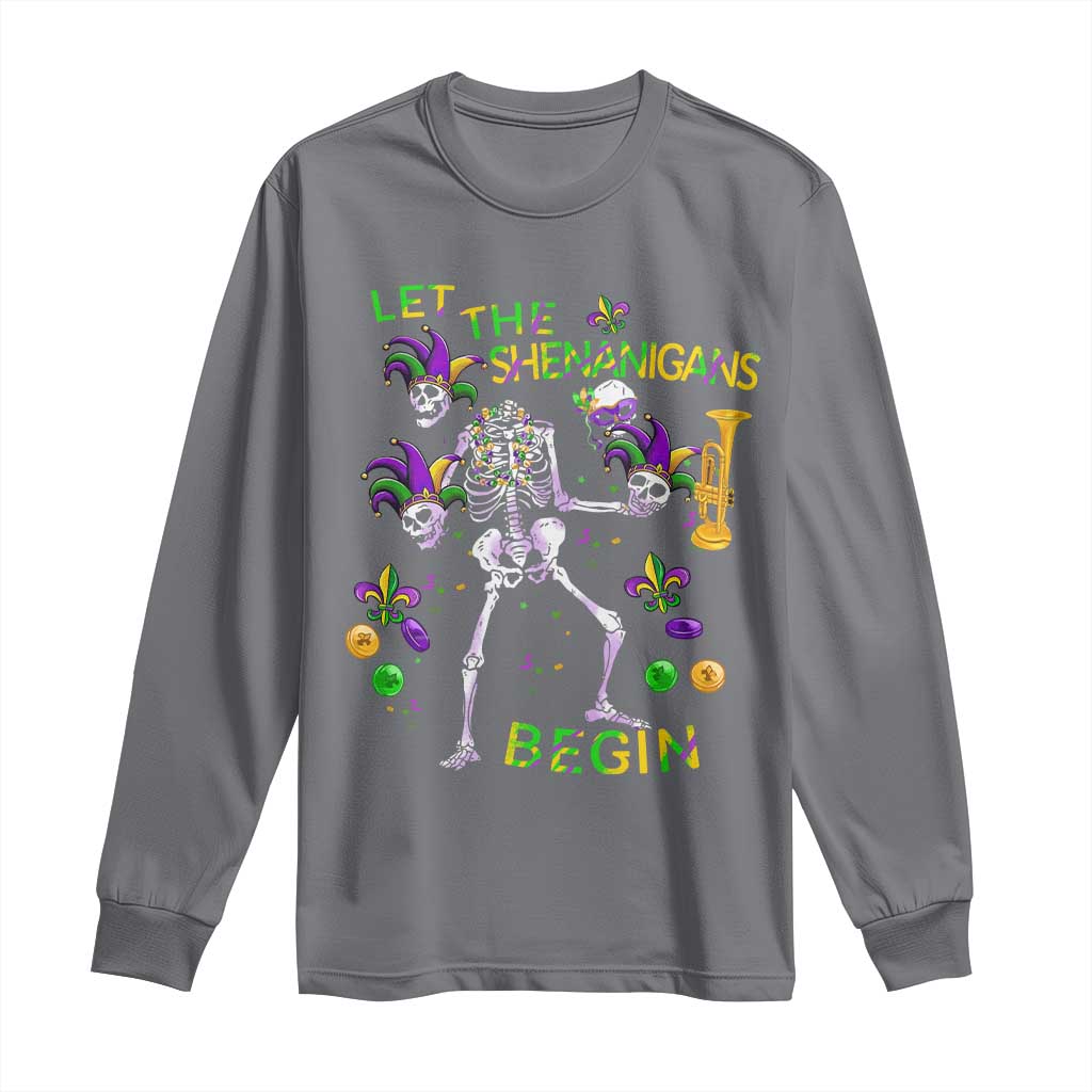 Funny Mardi Gras Long Sleeve Shirt Let The Shenanigans Begin Juggling Skeleton TS10 Charcoal Print Your Wear