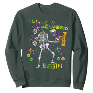 Funny Mardi Gras Sweatshirt Let The Shenanigans Begin Juggling Skeleton TS10 Dark Forest Green Print Your Wear
