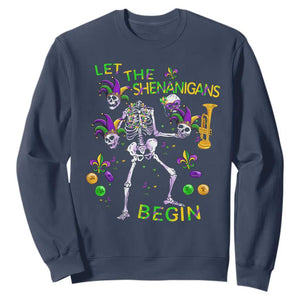 Funny Mardi Gras Sweatshirt Let The Shenanigans Begin Juggling Skeleton TS10 Navy Print Your Wear