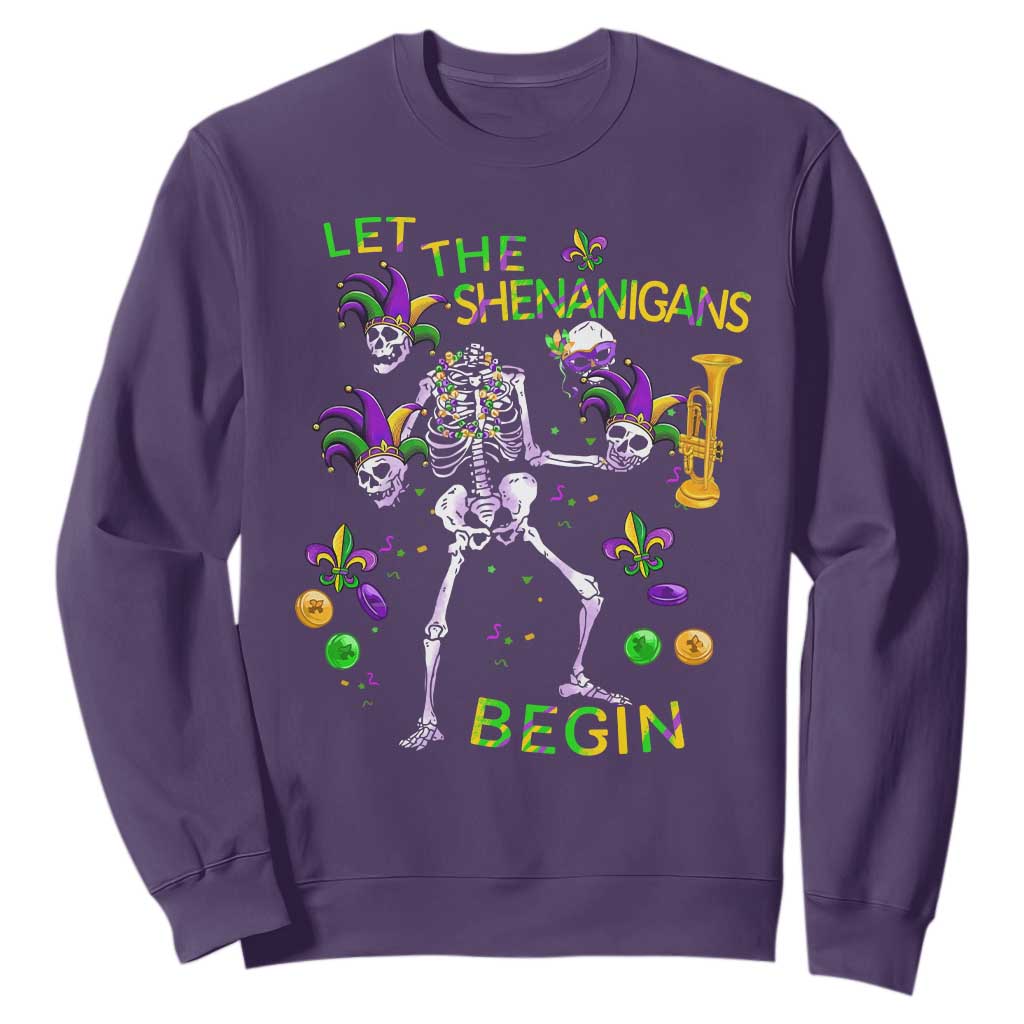Funny Mardi Gras Sweatshirt Let The Shenanigans Begin Juggling Skeleton TS10 Purple Print Your Wear