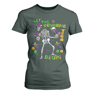 Funny Mardi Gras T Shirt For Women Let The Shenanigans Begin Juggling Skeleton TS10 Dark Forest Green Print Your Wear
