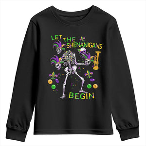 Funny Mardi Gras Youth Sweatshirt Let The Shenanigans Begin Juggling Skeleton TS10 Black Print Your Wear