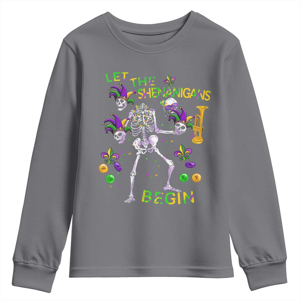 Funny Mardi Gras Youth Sweatshirt Let The Shenanigans Begin Juggling Skeleton TS10 Charcoal Print Your Wear