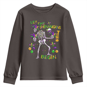 Funny Mardi Gras Youth Sweatshirt Let The Shenanigans Begin Juggling Skeleton TS10 Dark Chocolate Print Your Wear