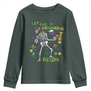Funny Mardi Gras Youth Sweatshirt Let The Shenanigans Begin Juggling Skeleton TS10 Dark Forest Green Print Your Wear