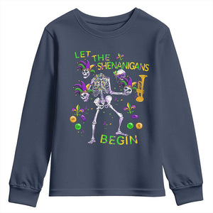 Funny Mardi Gras Youth Sweatshirt Let The Shenanigans Begin Juggling Skeleton TS10 Navy Print Your Wear