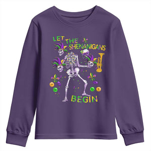 Funny Mardi Gras Youth Sweatshirt Let The Shenanigans Begin Juggling Skeleton TS10 Purple Print Your Wear