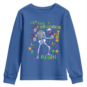 Funny Mardi Gras Youth Sweatshirt Let The Shenanigans Begin Juggling Skeleton TS10 Royal Blue Print Your Wear