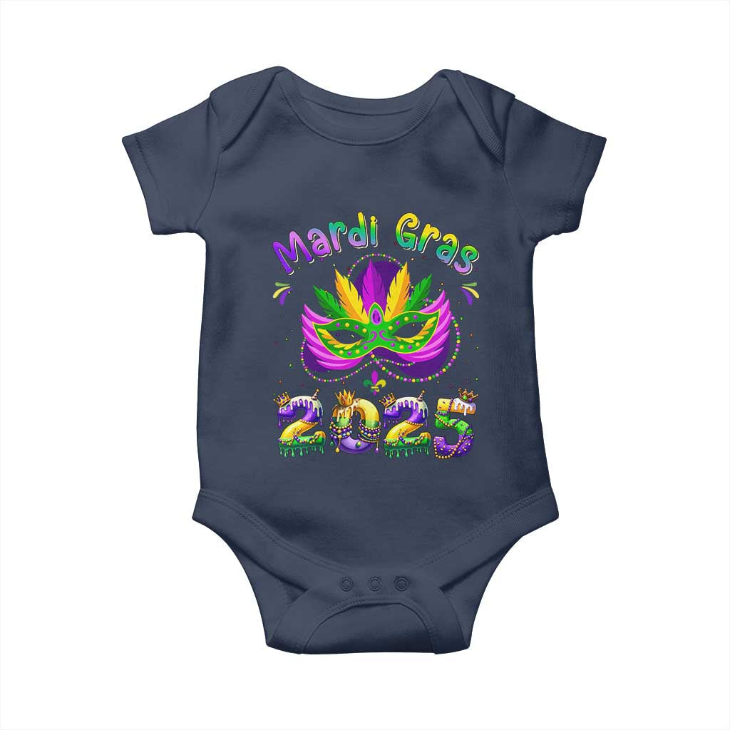 Happy Mardi Gras 2025 Baby Onesie Masquerade Mask Carnival New Orleans Trip TS10 Navy Print Your Wear