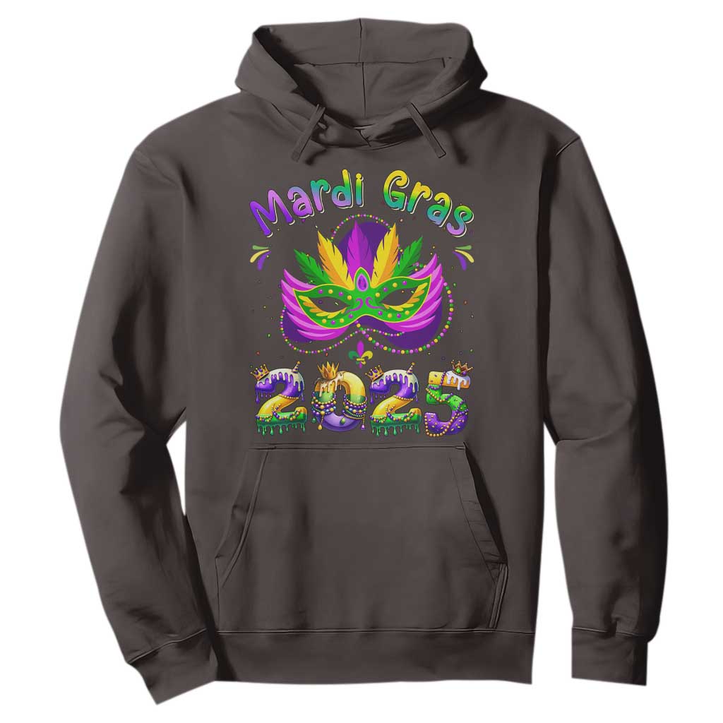 Happy Mardi Gras 2025 Hoodie Masquerade Mask Carnival New Orleans Trip TS10 Dark Chocolate Print Your Wear