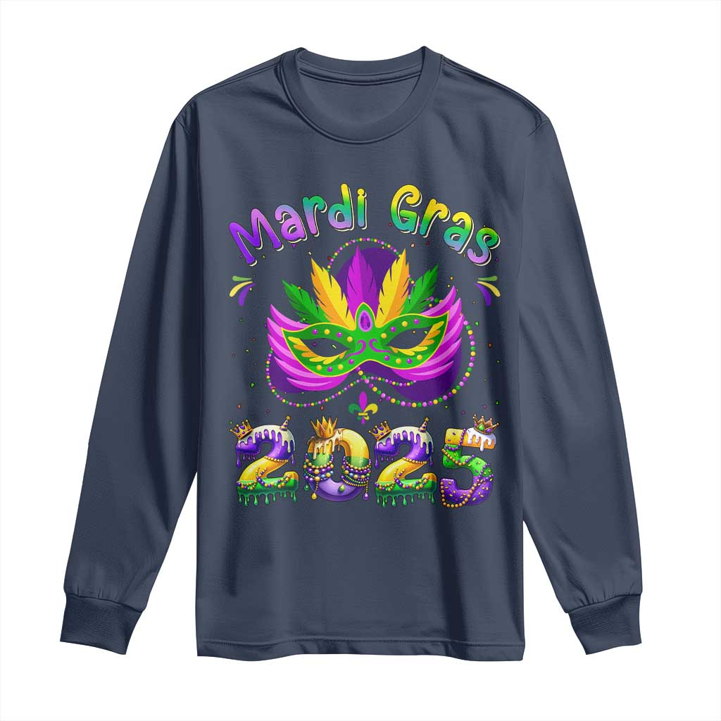 Happy Mardi Gras 2025 Long Sleeve Shirt Masquerade Mask Carnival New Orleans Trip TS10 Navy Print Your Wear