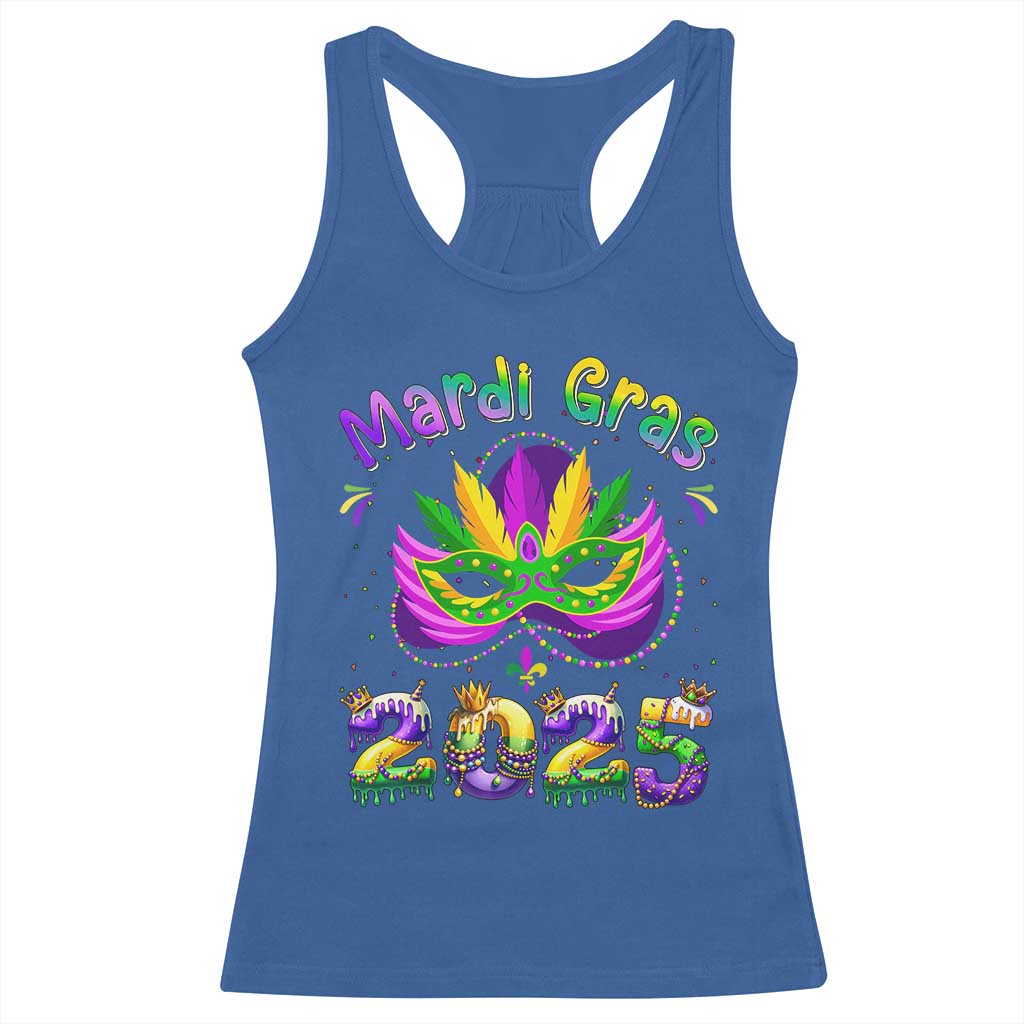 Happy Mardi Gras 2025 Racerback Tank Top Masquerade Mask Carnival New Orleans Trip TS10 Royal Blue Print Your Wear