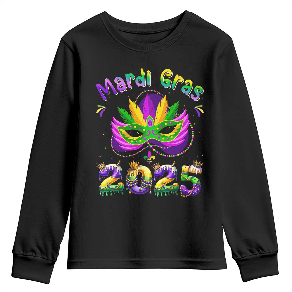 Happy Mardi Gras 2025 Youth Sweatshirt Masquerade Mask Carnival New Orleans Trip TS10 Black Print Your Wear