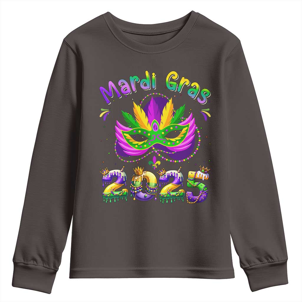Happy Mardi Gras 2025 Youth Sweatshirt Masquerade Mask Carnival New Orleans Trip TS10 Dark Chocolate Print Your Wear