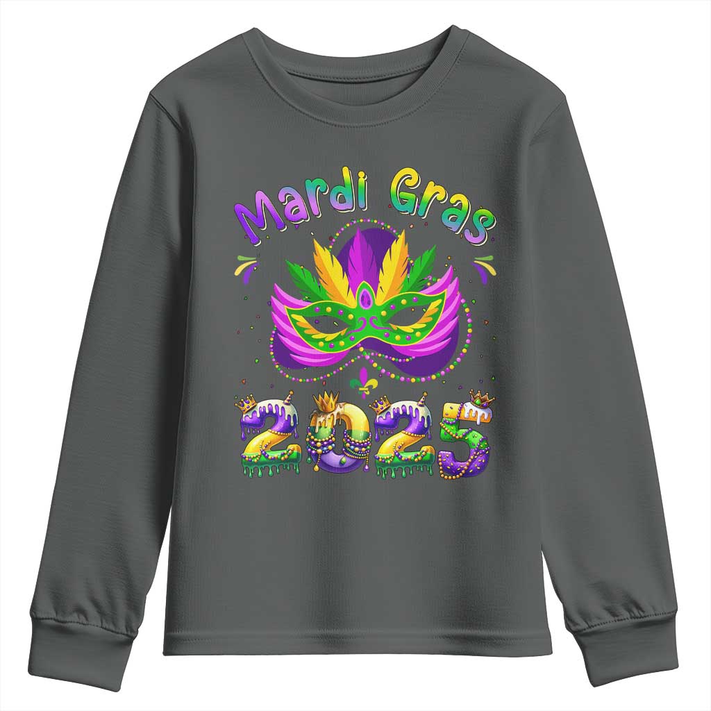 Happy Mardi Gras 2025 Youth Sweatshirt Masquerade Mask Carnival New Orleans Trip TS10 Dark Heather Print Your Wear