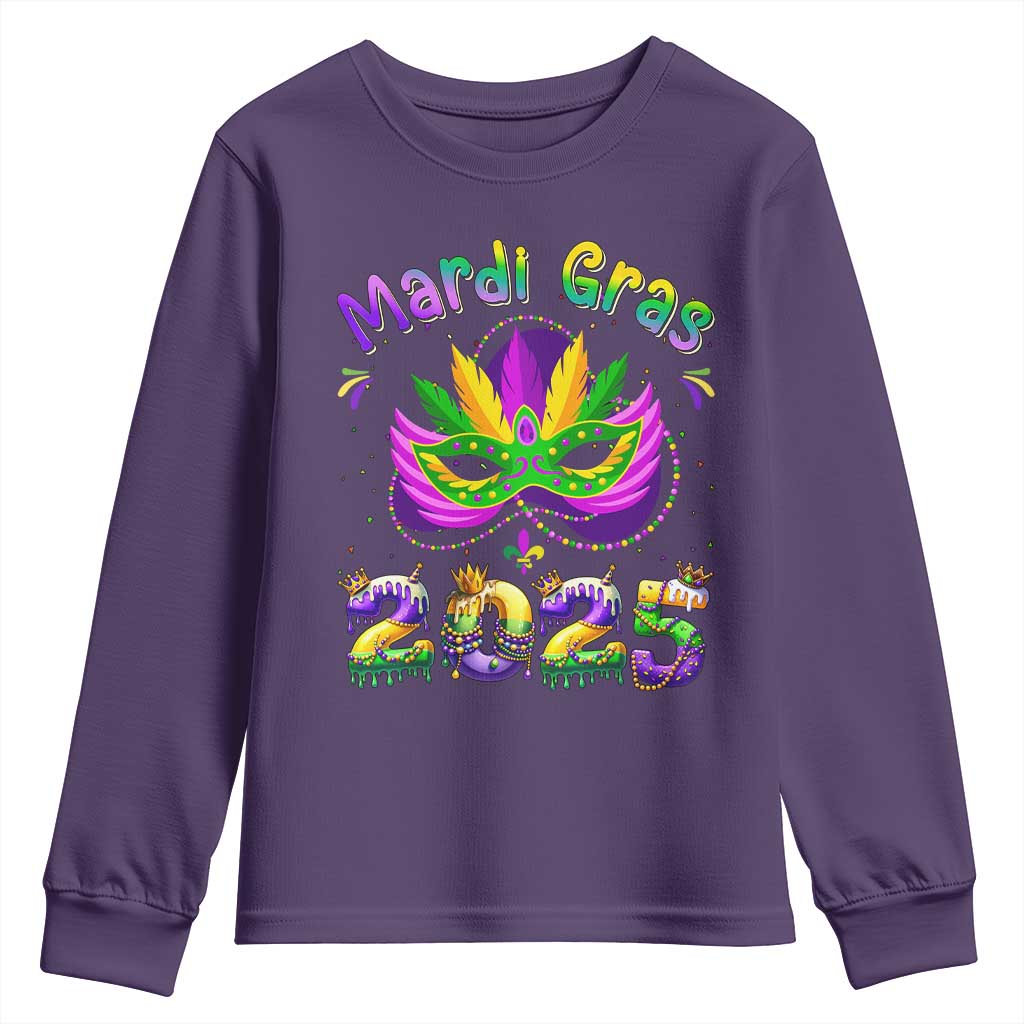 Happy Mardi Gras 2025 Youth Sweatshirt Masquerade Mask Carnival New Orleans Trip TS10 Purple Print Your Wear