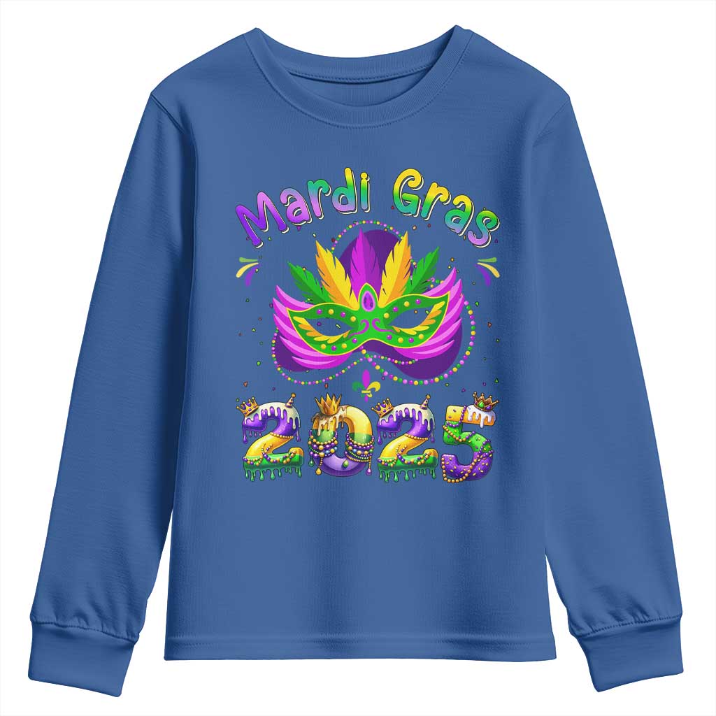 Happy Mardi Gras 2025 Youth Sweatshirt Masquerade Mask Carnival New Orleans Trip TS10 Royal Blue Print Your Wear