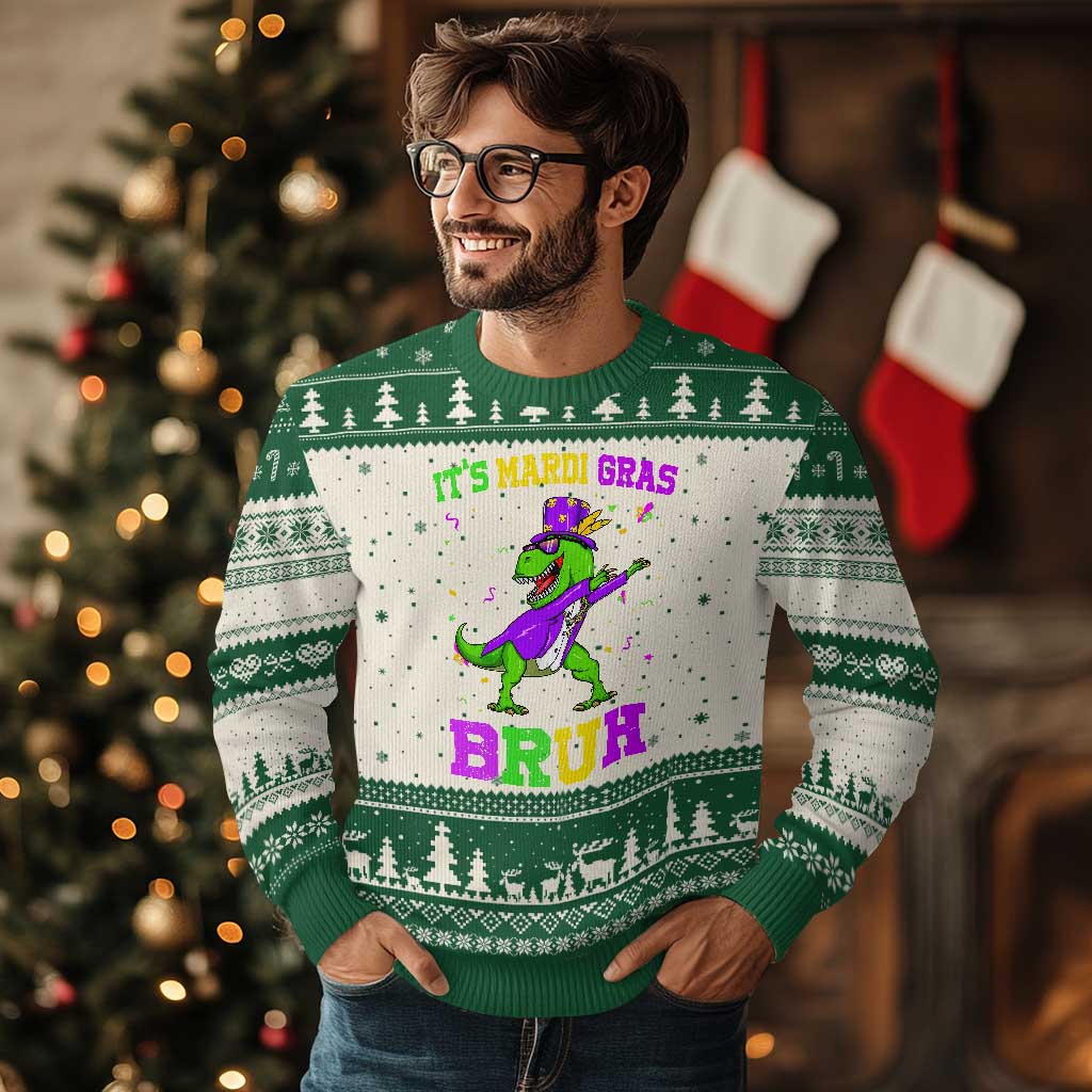 Bruh Mardi Gras Ugly Christmas Sweater Dinosaur Meme New Orleans Party Custume Beads TS10 Beige Green Print Your Wear